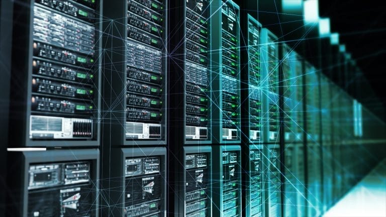 3d rendered illustration of Digital Data Server With Plexus Elements in Dark Room Analysing Digital Data