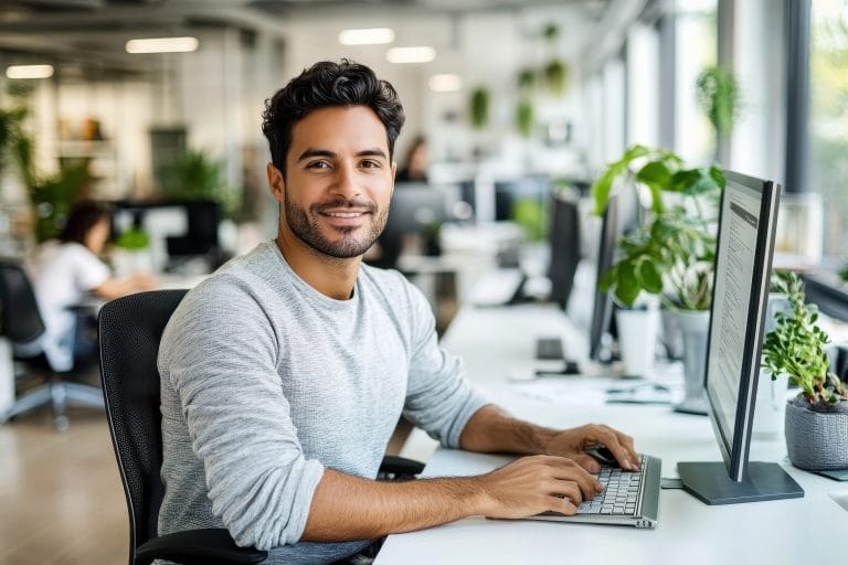 IT specialist in casual attire troubleshooting computer issues for a client in a modern office