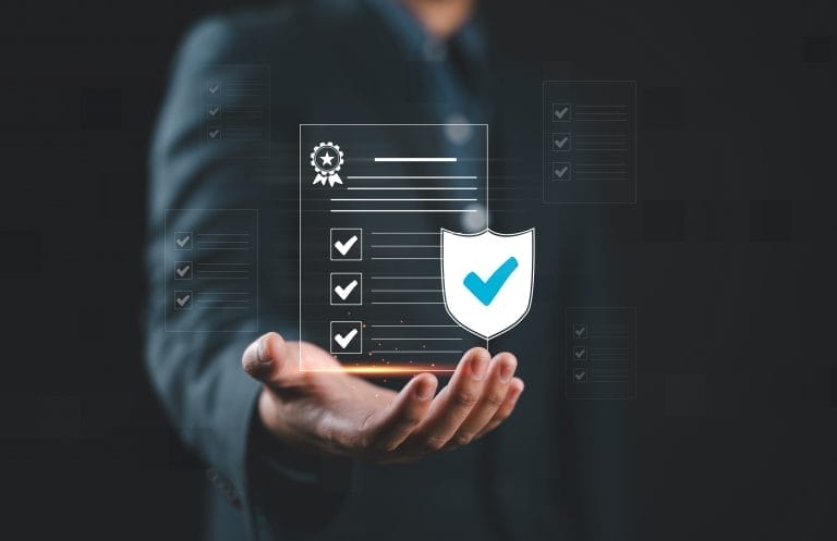 Businessman checking steps through document with a list of checkboxes ,regulation ,practices and policies ,Terms and conditions ,Examination of ethical rules ,Evaluate quality and efficiency