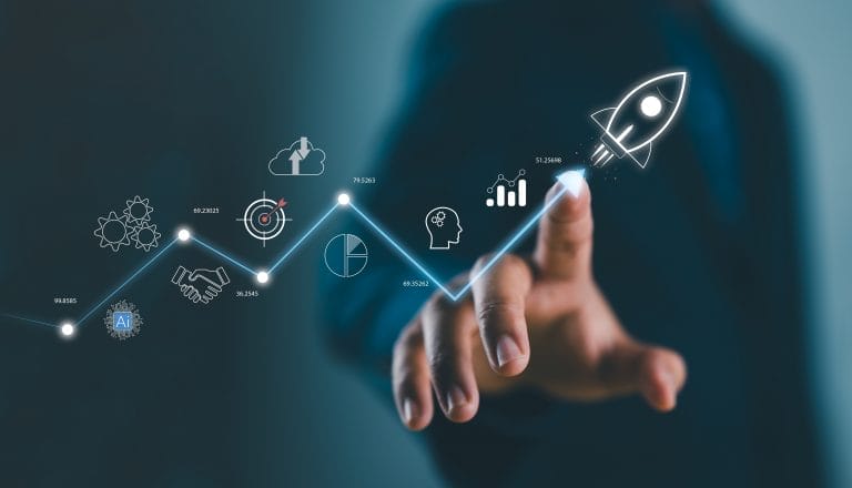 Businessman touch rocket launch investment growth, planning and starting corporate business start up aiming objective value development leadership and customer target group.
